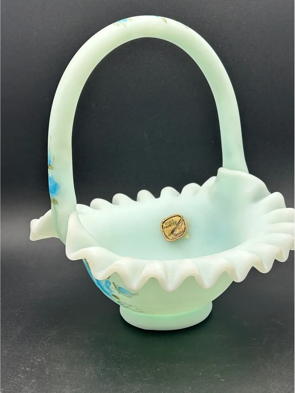 Fenton Light Blue Satin Ruffled Hand Painted Basket